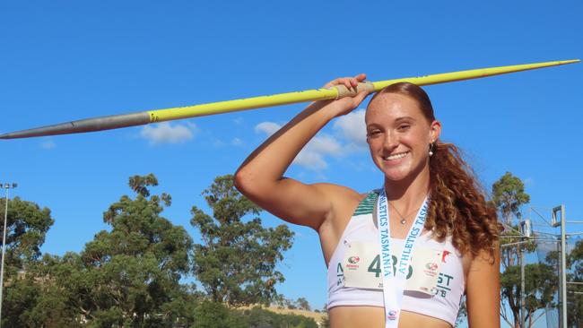 Sianna Adkins, 15, broke the open javelin state record at the state championships in Launceston. Picture: Jon Tuxworth