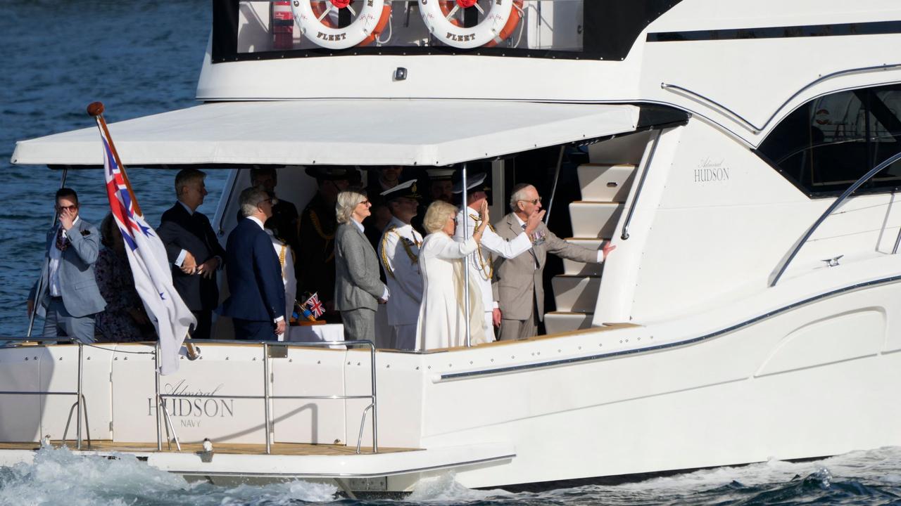 King Charles and Queen Camilla aboard the Admiral Hudson naval vessel. Picture: Mark Baker / POOL / AFP