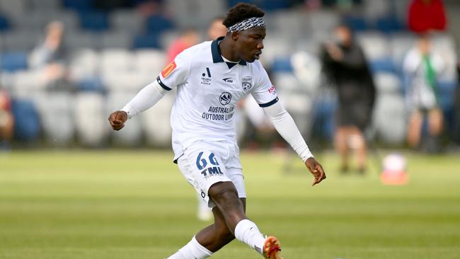 Nestory Irankunda of Adelaide United passes the ball during the A-League Men round five match between Western United and Adelaide United at Mars Stadium. Picture: Morgan Hancock