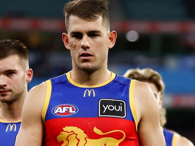 MELBOURNE, AUSTRALIA - JULY 14: Brandon Starcevich of the Lions looks dejected after a loss during the 2023 AFL Round 18 match between the Melbourne Demons and the Brisbane Lions at the Melbourne Cricket Ground on July 14, 2023 in Melbourne, Australia. (Photo by Michael Willson/AFL Photos via Getty Images)