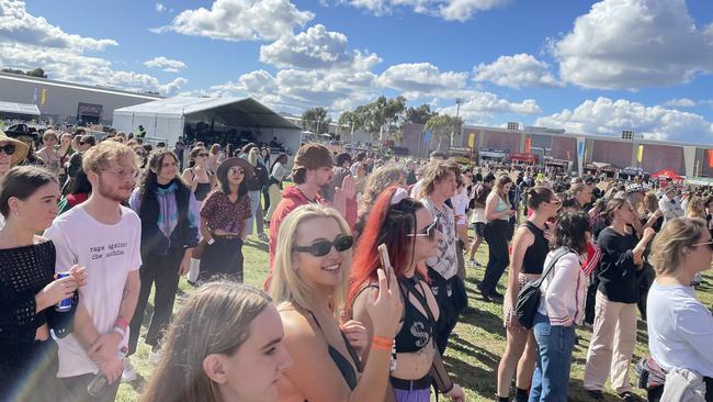The crowd gets into the spirit by one of the main stages.