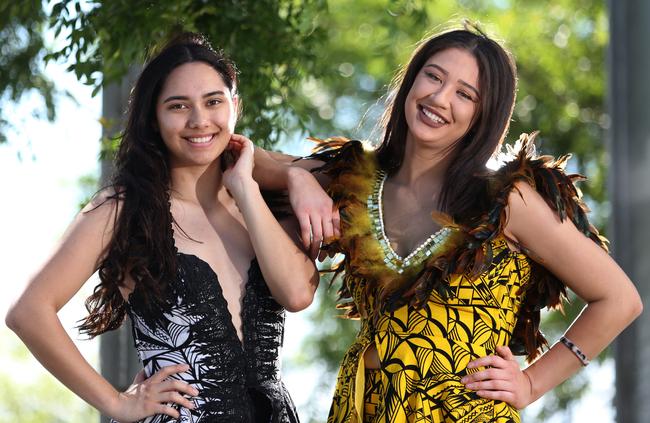 Chanelle Maugavao and Whitney Antonio model designer Priscilla Ale’s dresses. Picture: Robert Pozo