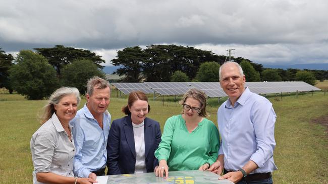 Landowners Kate and Roderic O’Connor, Hydro acting chief executive Erin van Maanen, TasRex chief executive Bess Clark, and Energy Minister Nick Duigan. Picture: Supplied