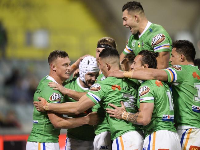 Raiders celebrate a try from Jarrod Crocker during the Round 14 NRL match between the Canberra Raiders and the Cronulla Sharks at GIO Stadium in Canberra, Thursday, June 13, 2019. (AAP Image/Rohan Thomson) NO ARCHIVING, EDITORIAL USE ONLY