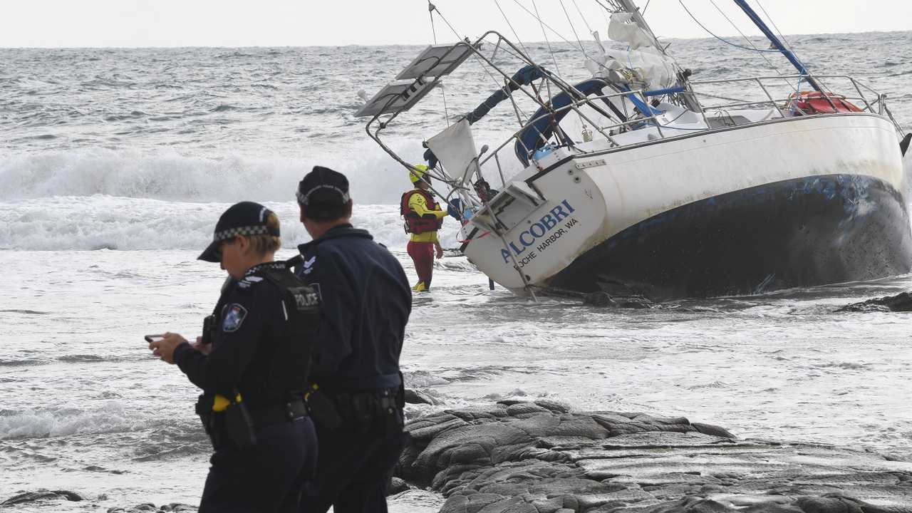 The Alcobri yacht washed up on the rocks at Mooloolaba. Picture: Warren Lynam