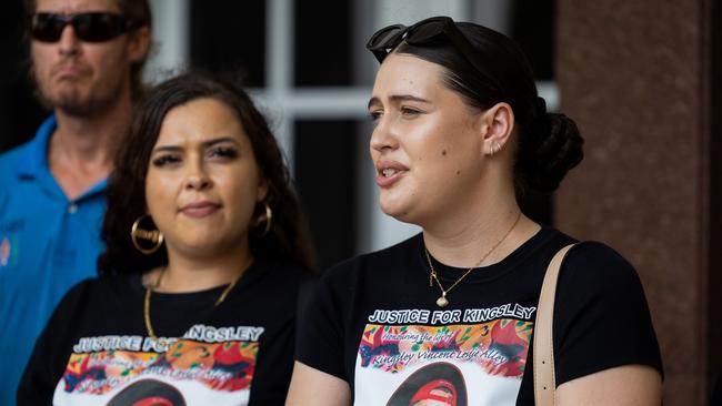 Kingsley Alley Jr's older sister, Josephine Miller-Sabino speaking outside the Supreme Court in Darwin after four people were sentenced over her teenage brother's murder in October 8, 2022. Picture: Pema Tamang Pakhrin