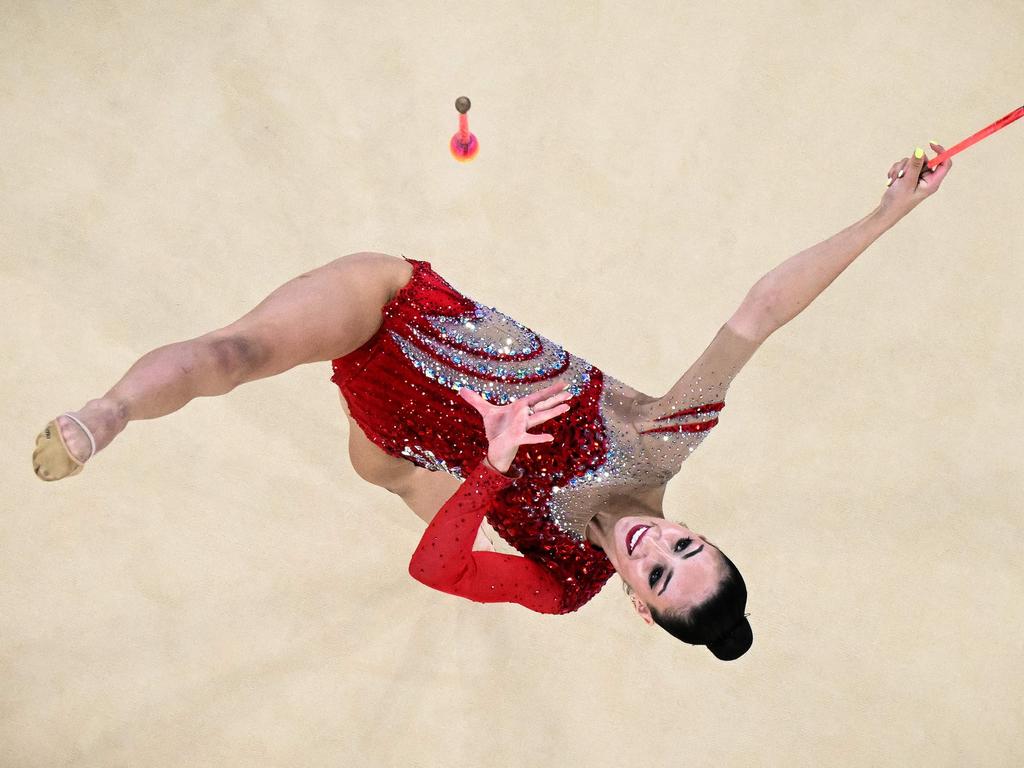 Australia's Alexandra Kiroi-Bogatyreva performing with the clubs as she competes in the rhythmic gymnastics' individual all-around qualification during the Paris 2024 Olympic Games. Picture: Lionel Bonaventure/AFP