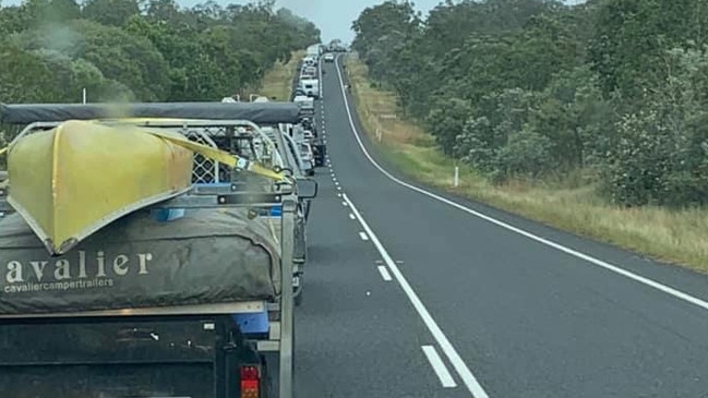 A line of traffic banked up on approach to Mount Garnet following a fatal vehicle roll over this morning. Picture: Nathan Bursztynowicz