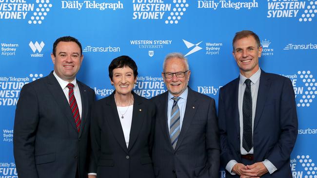 Future Western Sydney forum held in Parramatta. L-R Minister for Western Sydney Stuart Ayres, CEO of the Business Council of Australia Jennifer Westacott AO, business leader Tony Shepherd and Daily Telegraph editor Ben English. Picture: Toby Zerna