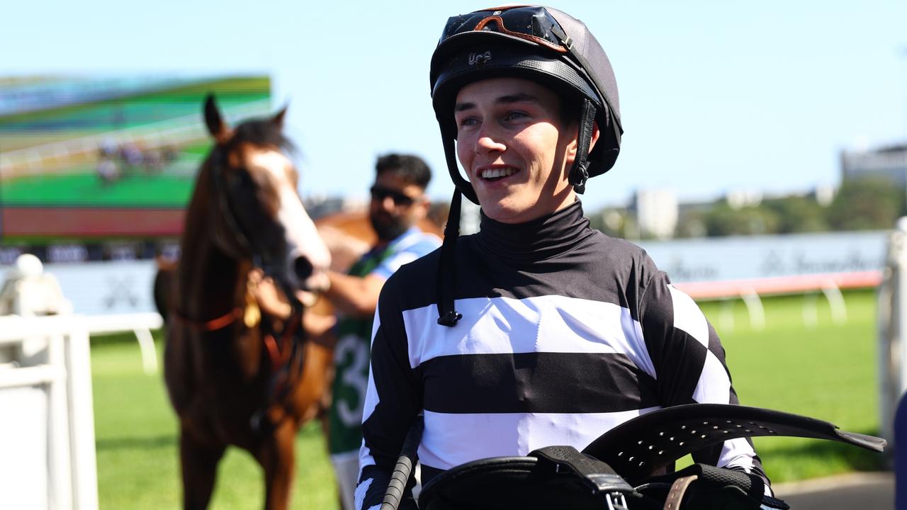 Zac Lloyd celebrates his victory aboard Disneck at Royal Randwick on Saturday. Picture: Jeremy Ng / Getty Images