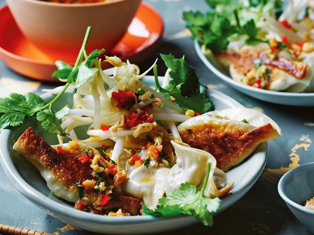 Fried green curry pork dumplings.