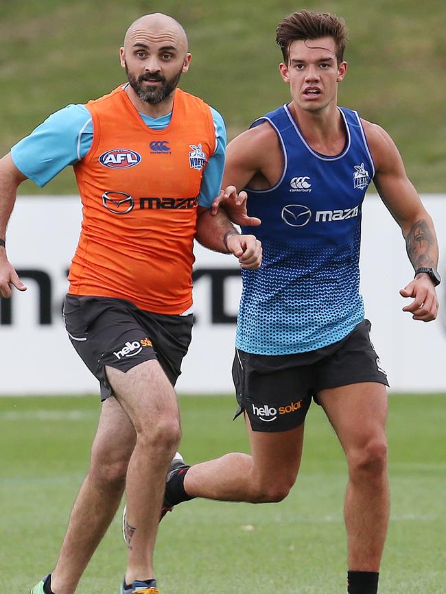 Simpkin works with new assistant coach Rhyce Shaw. Picture: Michael Klein