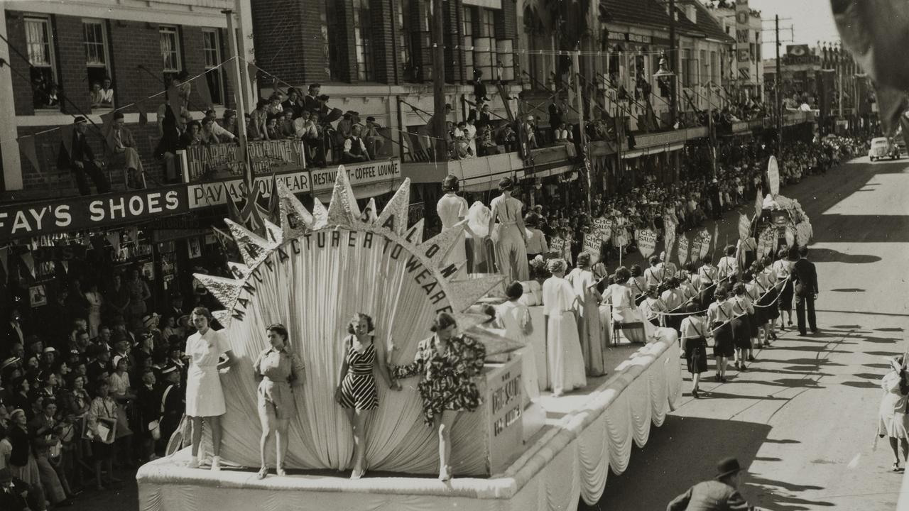 Parramatta’s sesqui-centennial parade, Church Street, textile and fashion themed float, and crowd lining street, 1938. Picture: Local Studies Photograph Collection, City of Parramatta