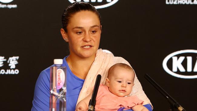 Ashleigh Barty’s niece, Olivia, put a smile on the world No.1’s face after her shock semi-final loss. Picture: Mark Stewart