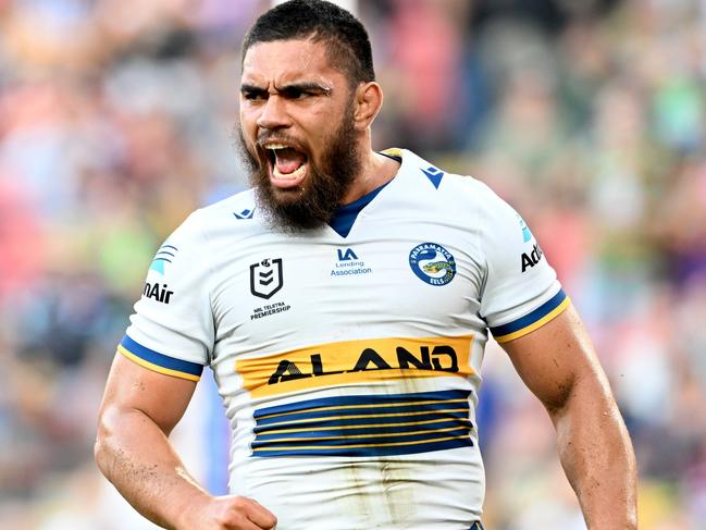 BRISBANE, AUSTRALIA - MAY 15: Isaiah Papali'i of the Eels celebrates scoring a try during the round 10 NRL match between the Sydney Roosters and the Parramatta Eels at Suncorp Stadium, on May 15, 2022, in Brisbane, Australia. (Photo by Bradley Kanaris/Getty Images)