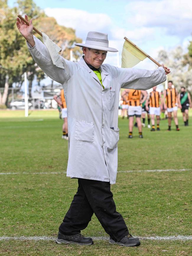 Flamboyant goal umpire Dave Crispin at the Greenacres Dragons Football Club. Picture: Brenton Edwards