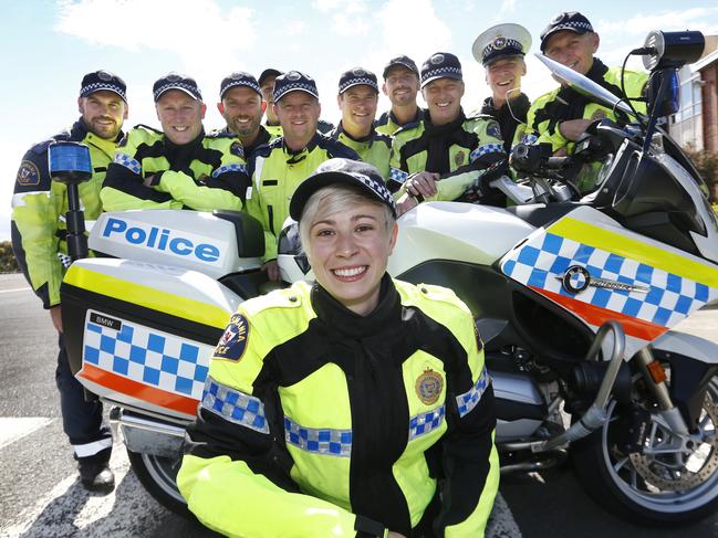 trainee police motorcyclists doing training this week, at the Police academy. picture of second lady police bike rider ever Despina Amerikanos from Launceston, with other participants ;picture;KIM EISZELE