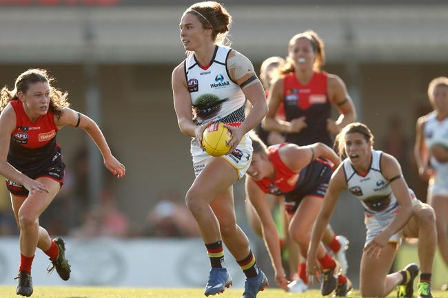 Adelaide Crows Jenna McCormick in action against the Melbourne Demons at Casey Fields in Melbourne.