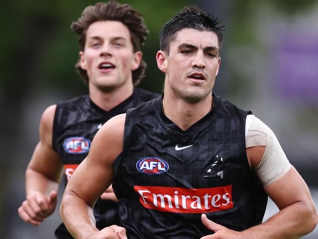 MELBOURNE . 05/12/2022. AFL. Collingwood training at Olympic Park.   Brayden Maynard and Patrick Lapinski of the Magpies      . Picture by Michael Klein