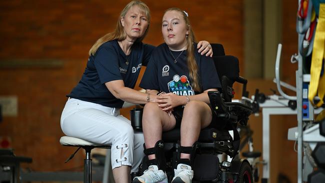 Louise Williams and daughter Mikaela 16, who has a spinal cord injury told The Australian in January of waiting 15 months for approval of critical supports from the NDIS. Picture: Lyndon Mechielsen