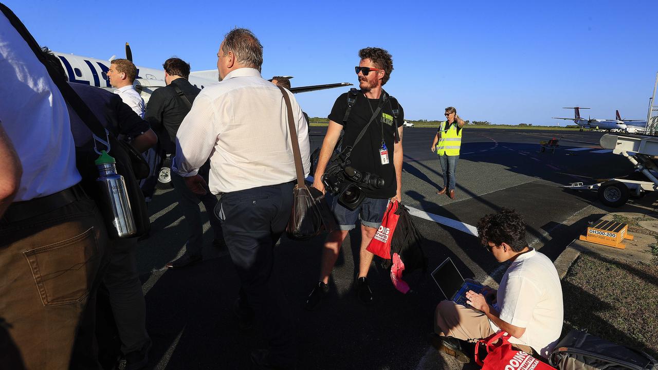 Premier Steven Miles kicks off the election in Queensland while a group of journalists cover his every move. Pics Adam Head