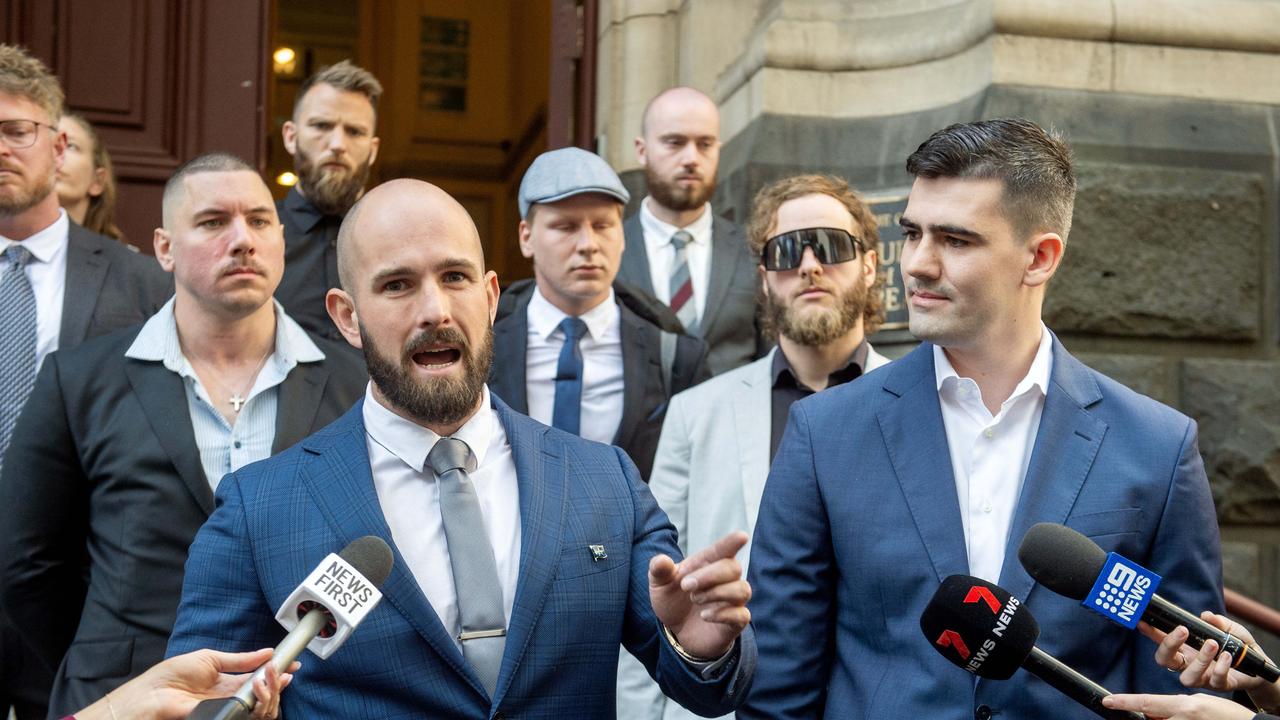 Mr Sewell outside the Court of Appeal with Jacob Hersant and supporters. Picture: NewsWire / Nicki Connolly