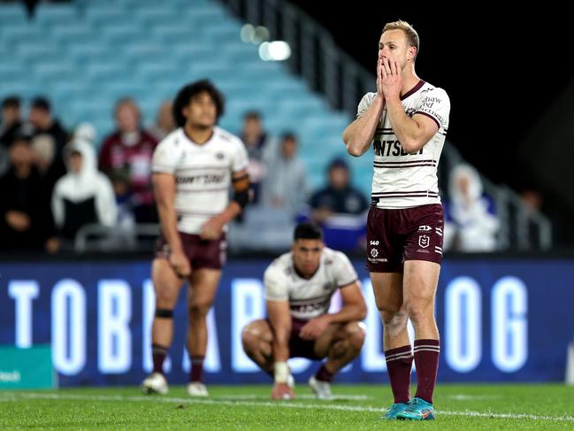 Manly captain Daly Cherry-Evans reacts at full time after losing to the Canterbury Bulldogs. Picture: Brendon Thorne/Getty Images