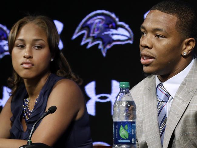 FILE - In this May 23, 2014, file photo, Baltimore Ravens running back Ray Rice, right, speaks alongside his wife, Janay, during a news conference at the team's practice facility in Owings Mills, Md. A new video that appears to show Ray Rice striking then-fiance Janay Palmer in an elevator last February has been released on a website. (AP Photo/Patrick Semansky, File)