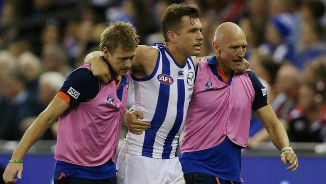 Shaun Higgins is helped off after injuring his knee. Picture: George Salpigtidis