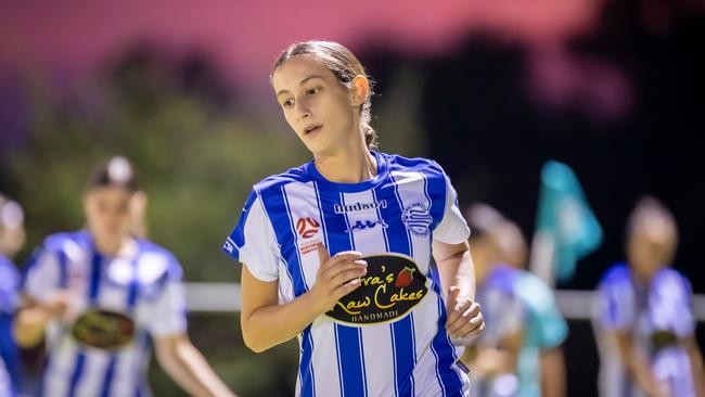 Hellenic's Maria Billias is showing improvement in each and every game in the 2023 NT Football Women's Premier League. Picture: Daniel Abrantes