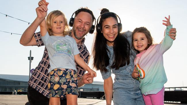 James and his son Archer, and Sarah and her daughter Ruby getting ready for Darwin Festival at the Waterfront, with the DJ Guru Dudu silent disco. Picture: Pema Tamang Pakhrin