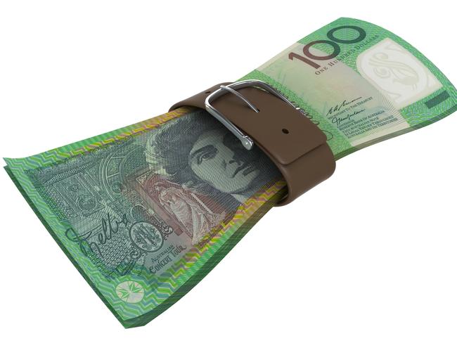Tighten the grip on your spending. Australian cash inside a belt. Picture: iStock.