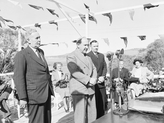 Dignitaries at the official launch of the Snowy Mountains Scheme at Adaminaby in 1949 included (from left) prime minister, Ben Chifley, governor-general William McKell and minister for works and housing Nelson Lemmon.