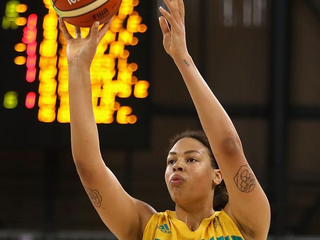 Liz Cambage attempts a shot against Brazil during the Opals’ opening match at the Rio Olympic Games.