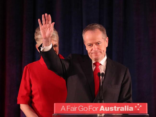 The then Leader of the Opposition and Leader of the Labor Party Bill Shorten, flanked by his wife Chloe Shorten concedes defeat following the results of the Federal Election in 2019. (Photo by Scott Barbour/Getty Images)