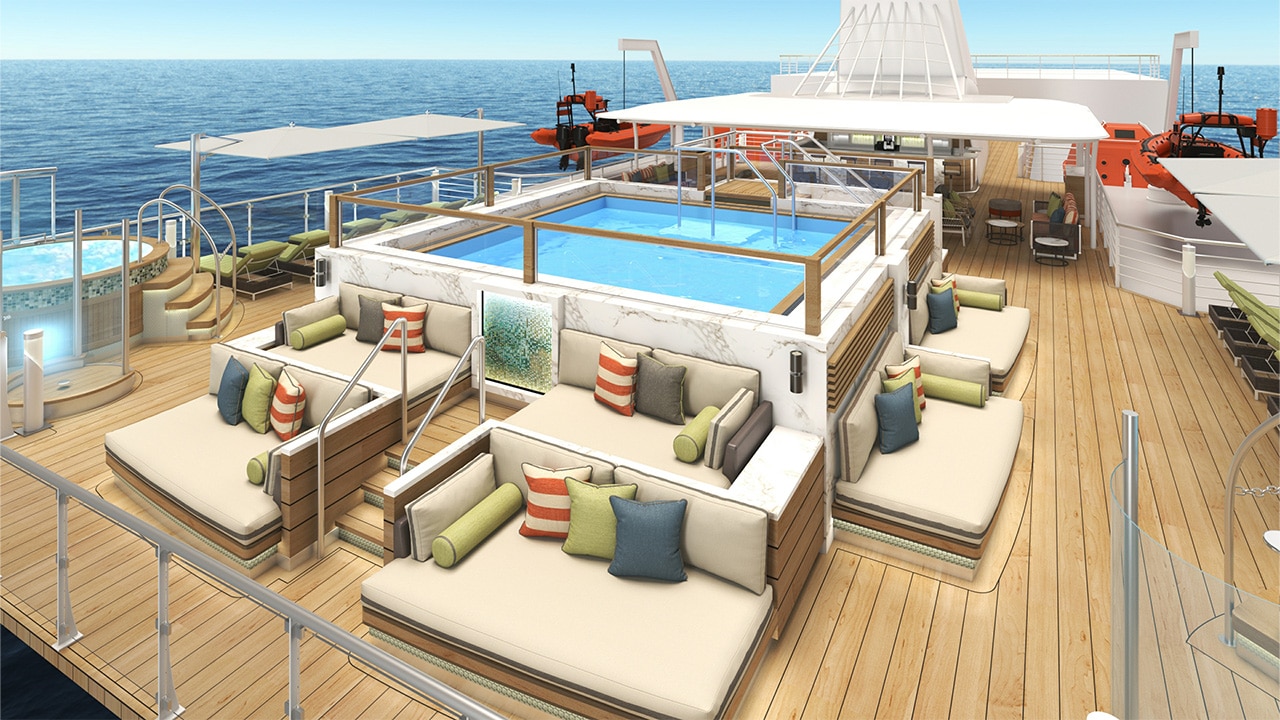 Sun deck and pool on Aurora Expeditions' new ship Douglas Mawson.