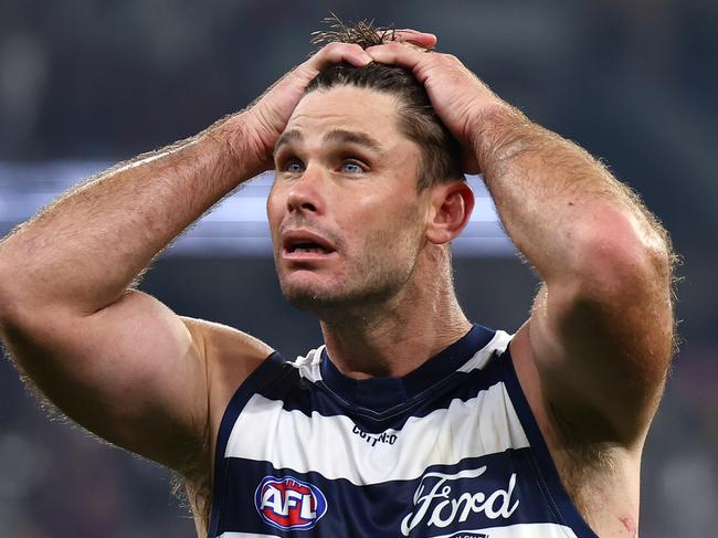 MELBOURNE, AUSTRALIA - MAY 04: Tom Hawkins of the Cats looks dejected after losing the round eight AFL match between Melbourne Demons and Geelong Cats at Melbourne Cricket Ground, on May 04, 2024, in Melbourne, Australia. (Photo by Quinn Rooney/Getty Images)