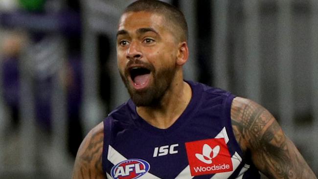 Bradley Hill of the Dockers celebrates after scoring a goal during the Round 18 AFL match between the Fremantle Dockers and the Sydney Swans at Optus Stadium in Perth, Saturday, July 20, 2019. (AAP Image/Richard Wainwright) NO ARCHIVING, EDITORIAL USE ONLY