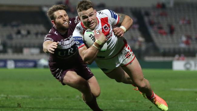 Euan Aitken scores a try for the Dragons against Manly at Netstrata Jubilee Stadium on Sunday night. PIcture: Getty Images