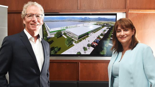 Managing director of Magnis Energy Technologies Marc Vogts with Townsville Mayor Jenny Hill in front of an artist's impression of the new battery plant. Picture: Zak Simmonds