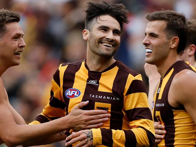 MELBOURNE, AUSTRALIA - MARCH 19: Chad Wingard of the Hawks celebrates a goal during the 2023 AFL Round 01 match between the Hawthorn Hawks and the Essendon Bombers at the Melbourne Cricket Ground on March 19, 2023 in Melbourne, Australia. (Photo by Dylan Burns/AFL Photos via Getty Images)