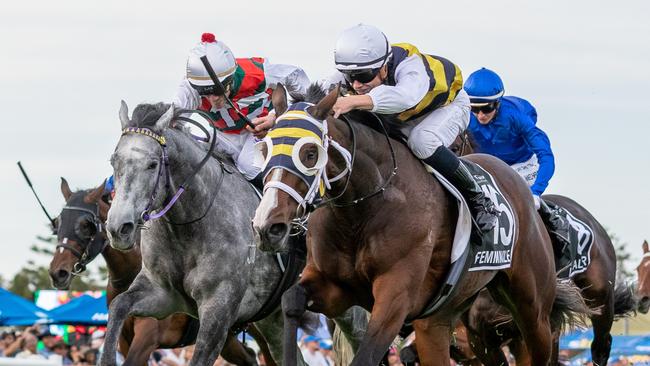 Derby report Femminile, ridden by Lachlan Neindorf, wins the South Australian Derby atMorphettville on Saturday. Picture: Makoto Kaneko
