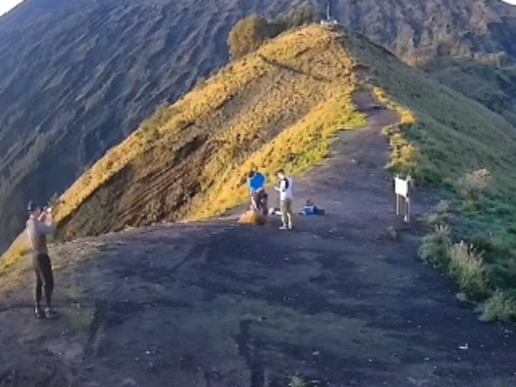 The three Aussie tourists have now been blacklisted from hiking the mountain. They were caught on CCTV illegally scaling Mount Rinjani. Picture: Instagram/btn_gn_rinjani
