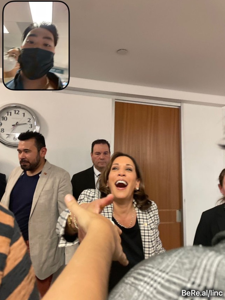 One BeReal user was mid-meeting with US Vice President Kamala Harris when his BeReal app went off. Picture: Twitter @lincolnlle