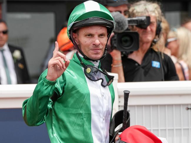 Ben Melham celebrates after winning aboard Refusetobeenglish at Cranbourne on Saturday. Picture: George Sal / Racing Photos