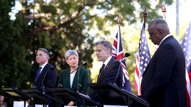 Australian Defence Minister Richard Marles, Australian Foreign Minister Penny Wong, US Secretary of State Antony Blinken and US Secretary of Defense Lloyd Austin attend a press conference at Queensland Government House.