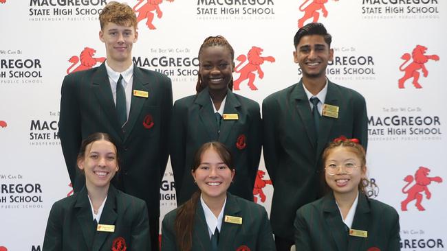 MacGregor State high School captains, Matthew Stehbens, Kalliope Pass, Ruby Lee, Prabhjot Singh, Kirra Wilson and Alima Bilal. Picture: Contributed