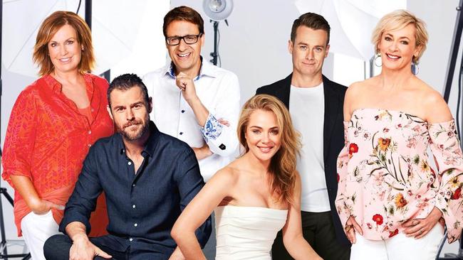 2018 Gold Logie nominees (from left) Tracy Grimshaw, Rodger Corser, Andrew Winter, Jessica Marais, Grant Denyer and Amanda Keller.