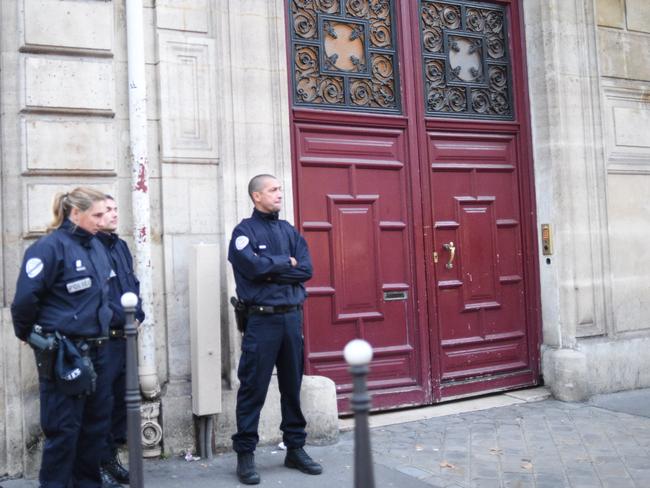 Police guard the apartment where Kim Kardashian was robbed during the early hours of Monday morning. Picture: Neil Warner/Splash News