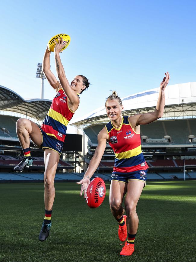 What about a statue of Crows co-captains Chelsea Randall and Erin Phillips standing side-by-side outside Adelaide Oval? Picture: SARAH REED